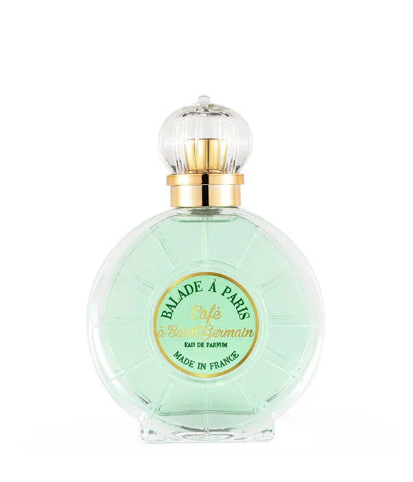 בקבוק בושם Balade à Paris Café Saint Germain מבית CHOZEN, עיצוב שקוף עם נוזל ירוק עדין