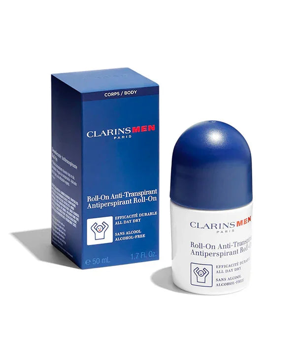 דאודורנט ClarinsMen לגברים, רול און בכחול ולבן ליד האריזה, מבית CHOZEN