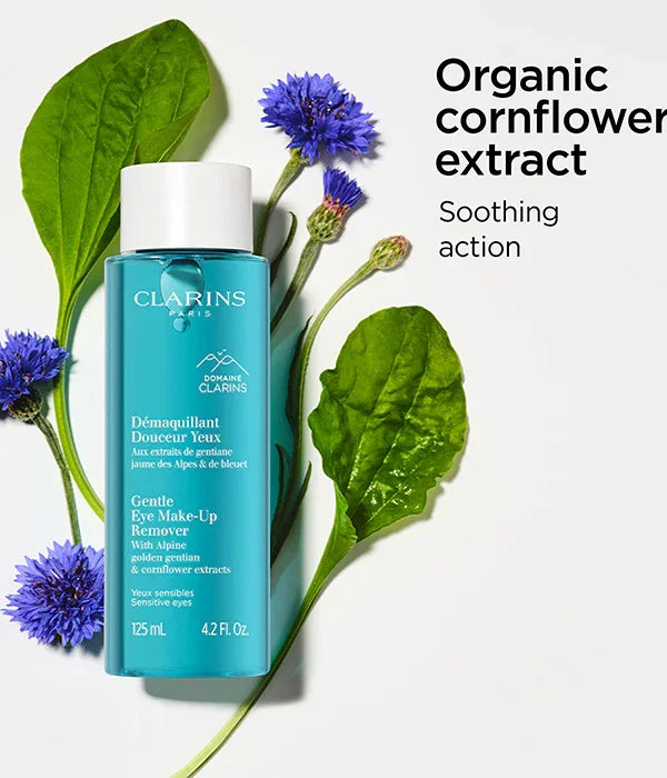 מסיר איפור עיניים עדין של קלרינס לצד פרחי תירית ועלים, תמצית אורגנית טבעית, CHOZEN