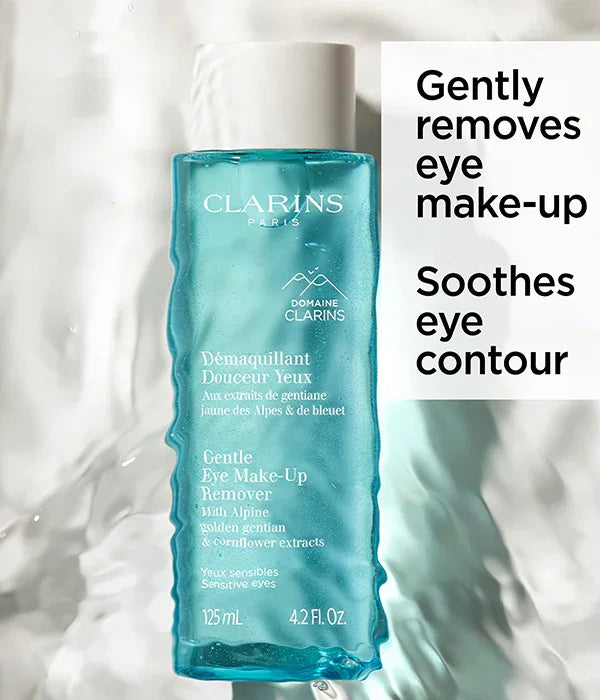 מסיר איפור עיניים עדין של קלרינס על רקע מים, מוצר טיפוח CHOZEN