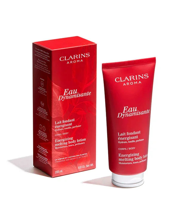 קרם גוף קלרינס אדום Eau Dynamisante ליד אריזה ממותגת, מוצר טיפוח באתר CHOZEN