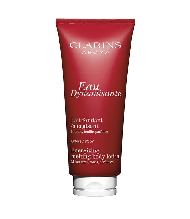 קרם גוף קלרינס Eau Dynamisante אדום, תחליב גוף אנרגטי מחברת Clarins, מוצג בסטודיו CHOZEN