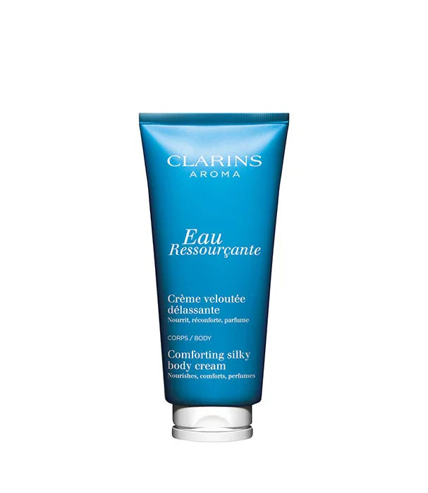 קרם גוף קטיפתי קלרינס Eau Ressourçante באריזה כחולה מהמותגים המובילים ב-CHOZEN