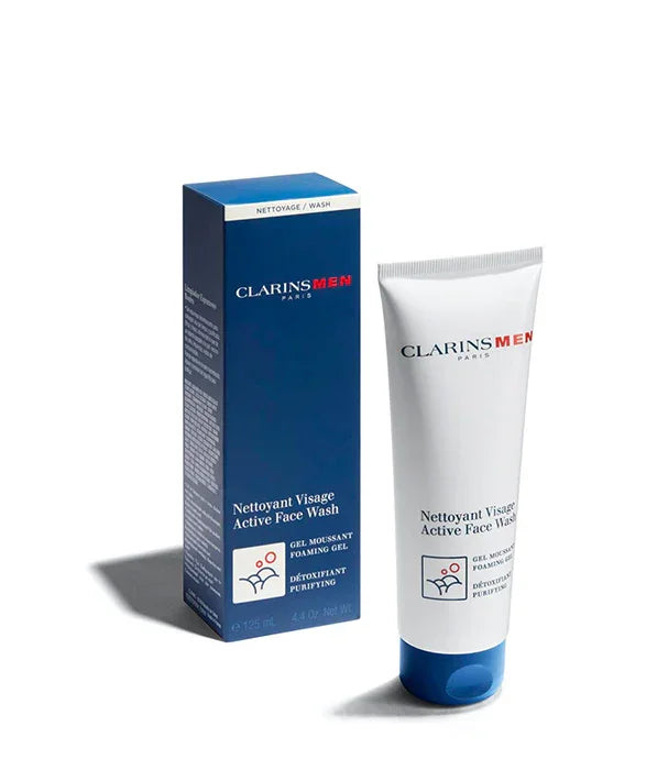 ג'ל ניקוי פנים לגבר ClarinsMen, אריזה וכרובית לצידו, מוצר טיפוח יוקרתי לחנות CHOZEN