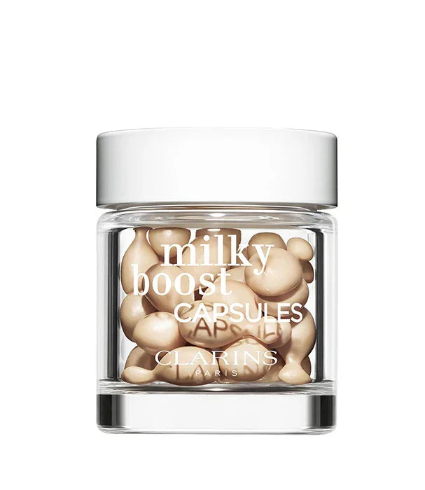 צנצנת קפסולות Clarins Milky Boost מוצגת על רקע לבן, מוצר יופי מהמובילים באתר CHOZEN
