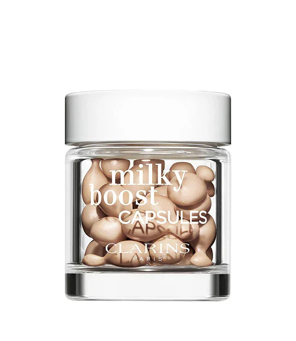 צנצנת קפסולות Milky Boost של קלרינס על רקע לבן, מוצר טיפוח מבית CHOZEN