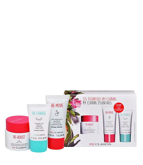 סט מוצרי טיפוח עור my CLARINS כולל קרם, ג'ל ניקוי ומסכת לילה, מוצג באריזת מתנה, מבית CHOZEN