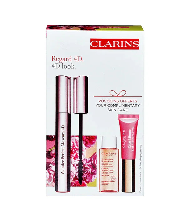 מארז טיפוח ויופי של קלרינס עם מסקרה, מי מיסלר וקרם שפתיים, זמין ב-CHOZEN מותגים מובילים