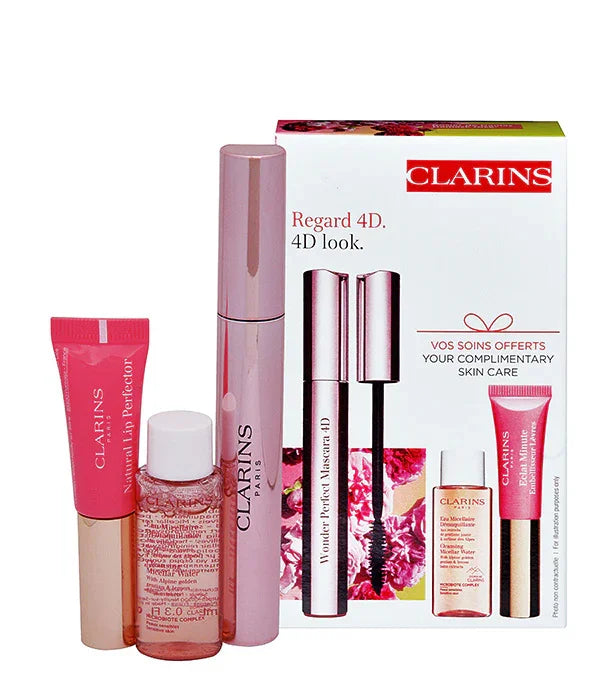 ערכת מתנה של קלרינס עם מסקרה, מבריק שפתיים ומי פנים, מוצרי טיפוח CHOZEN מותגים מובילים