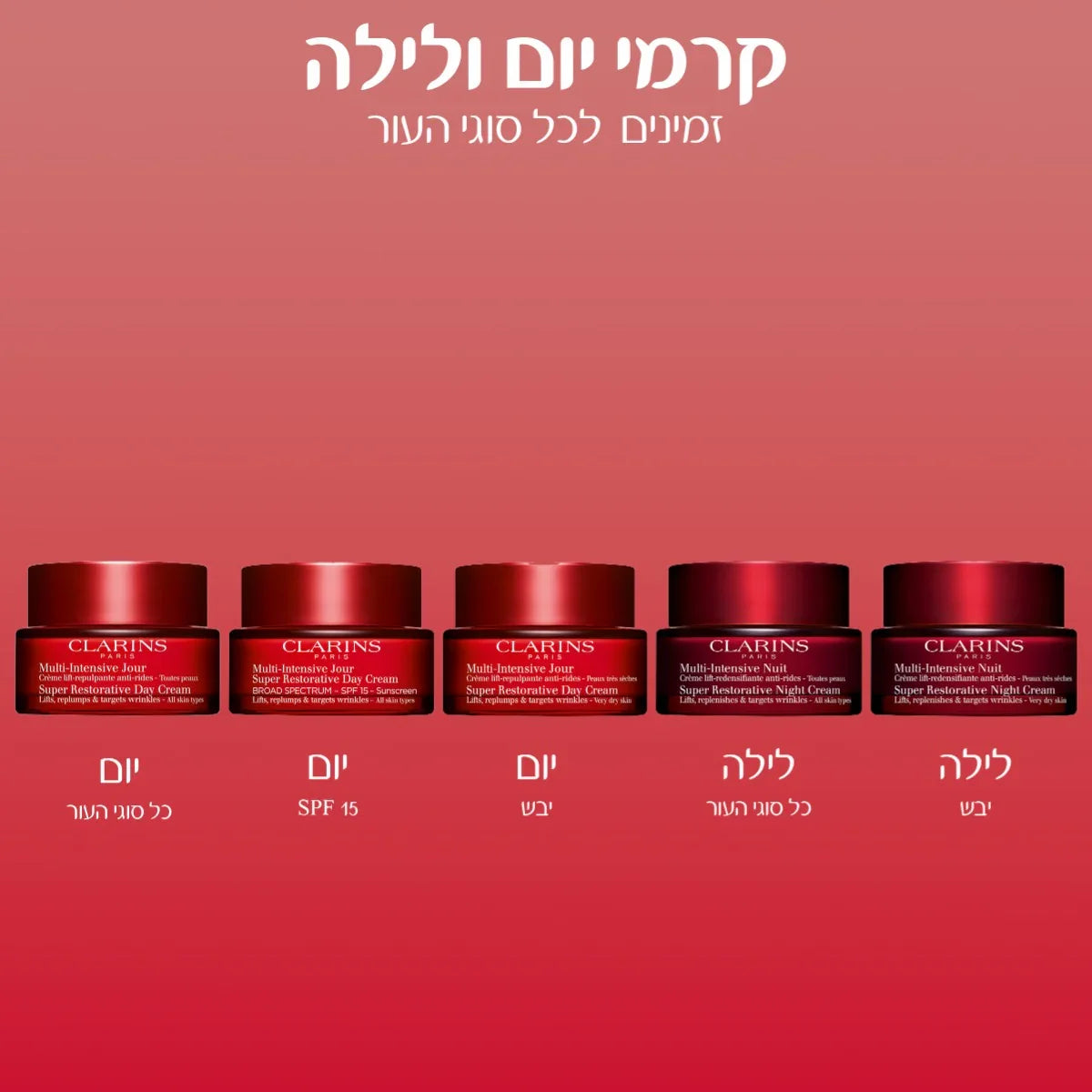קרמי יום ולילה של קלרינס בטווח סוגי עור, מוצרי טיפוח לעור הפנים מחנות CHOZEN