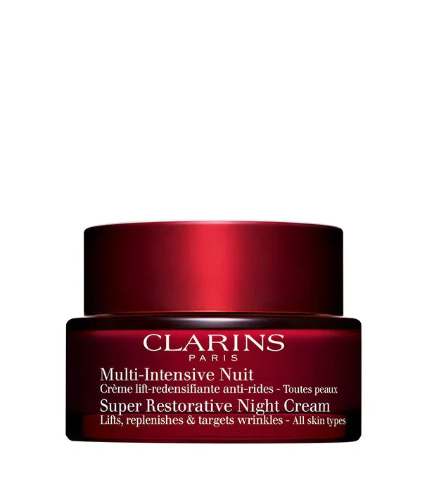קרם לילה משקם Clarins Super Restorative באריזה אדומה, מותג יוקרה באתר CHOZEN