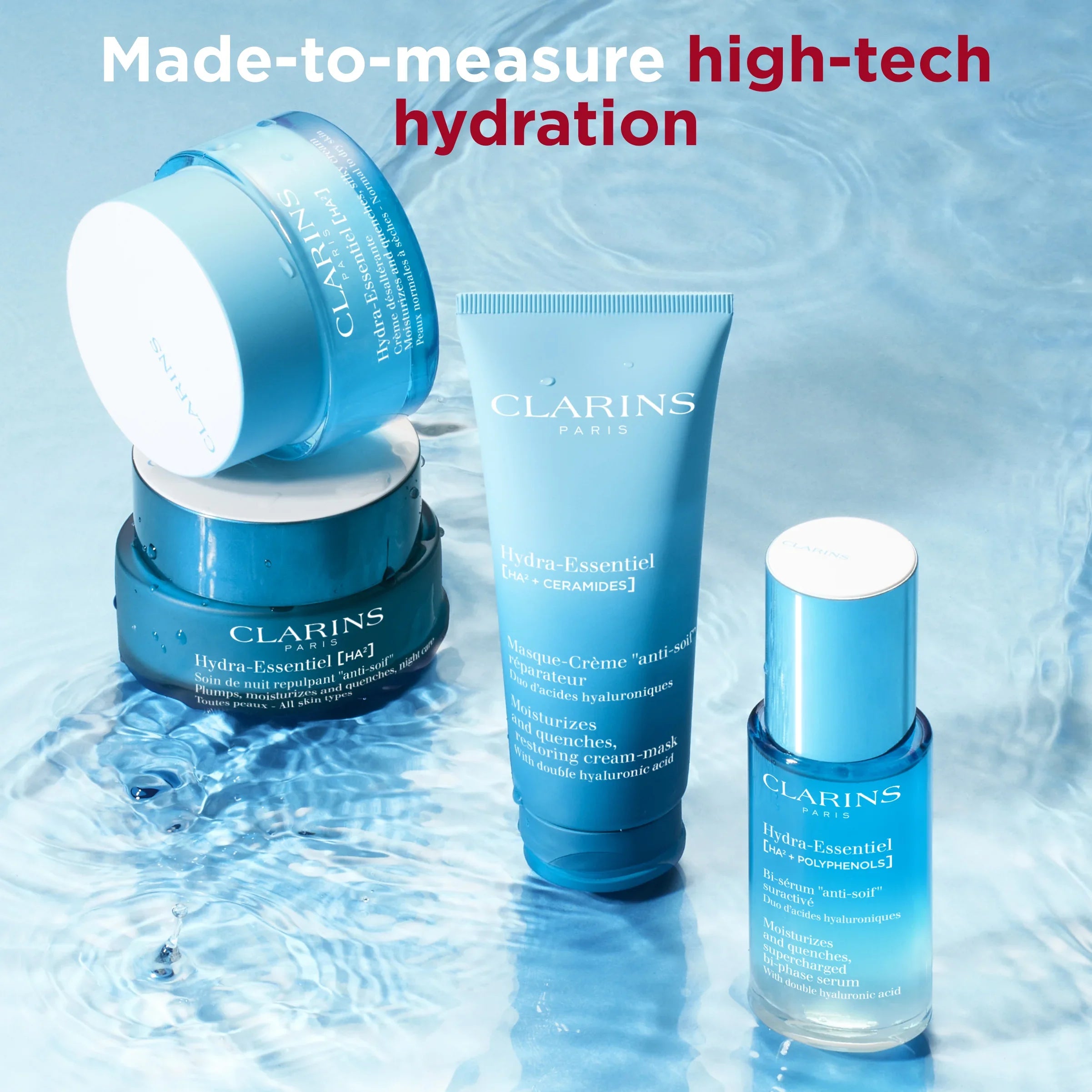 מוצרי טיפוח לעור Clarins Hydra-Essentiel על רקע מים, מבית המותגים המובילים CHOZEN