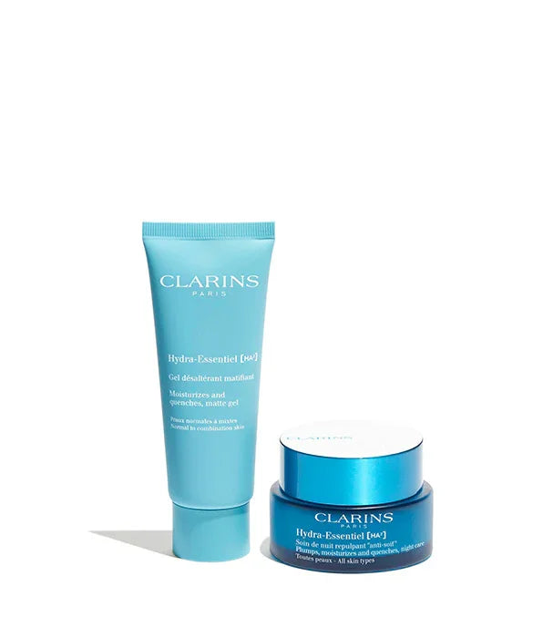 ערכת טיפוח Clarins Hydra-Essentiel, ג'ל קרם ולחות, מוצג על רקע לבן, מבית CHOZEN