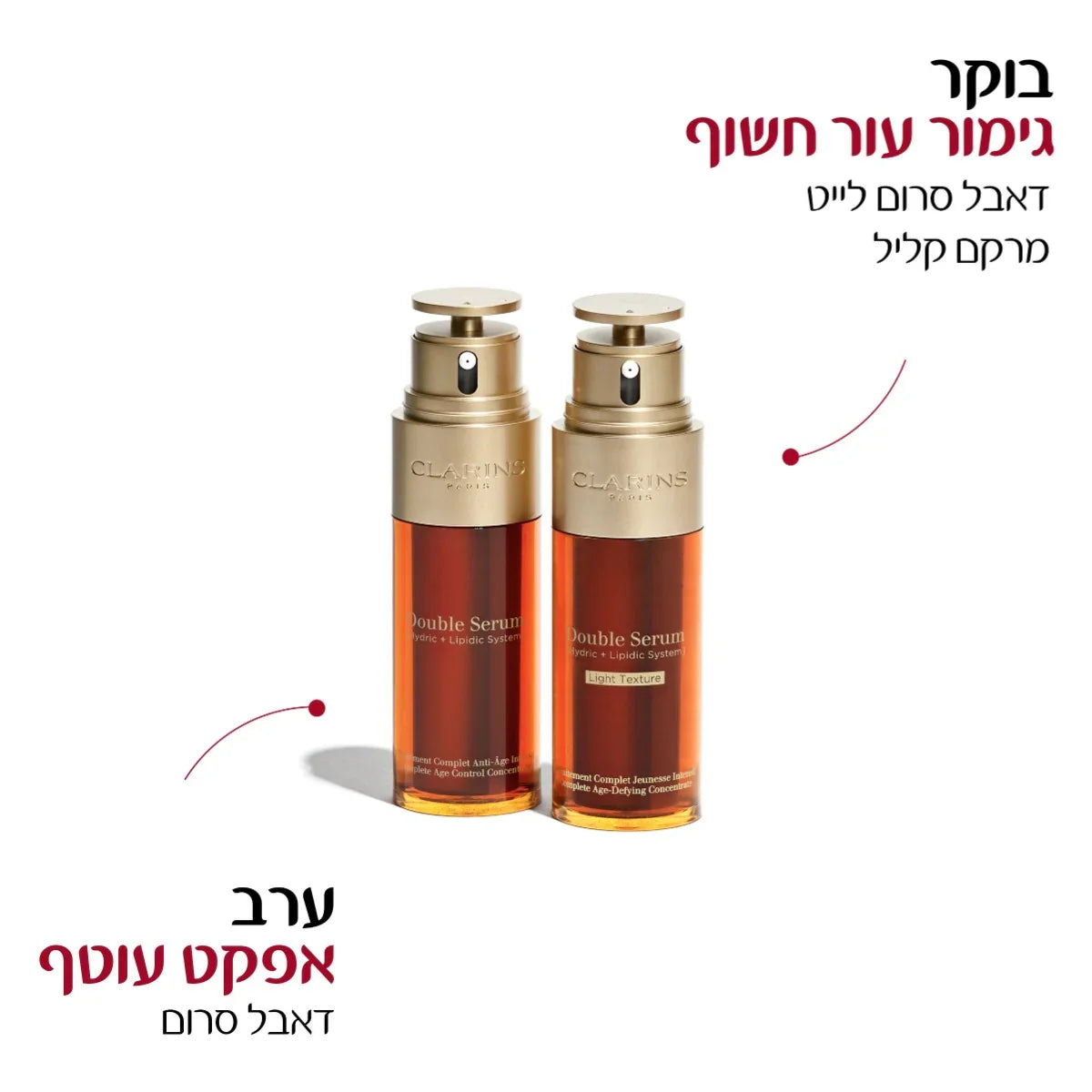 סרום דאבל של קלרינס לעור הפנים, מוצג בבקבוקים על רקע לבן, HOMEPAGE CHOZEN