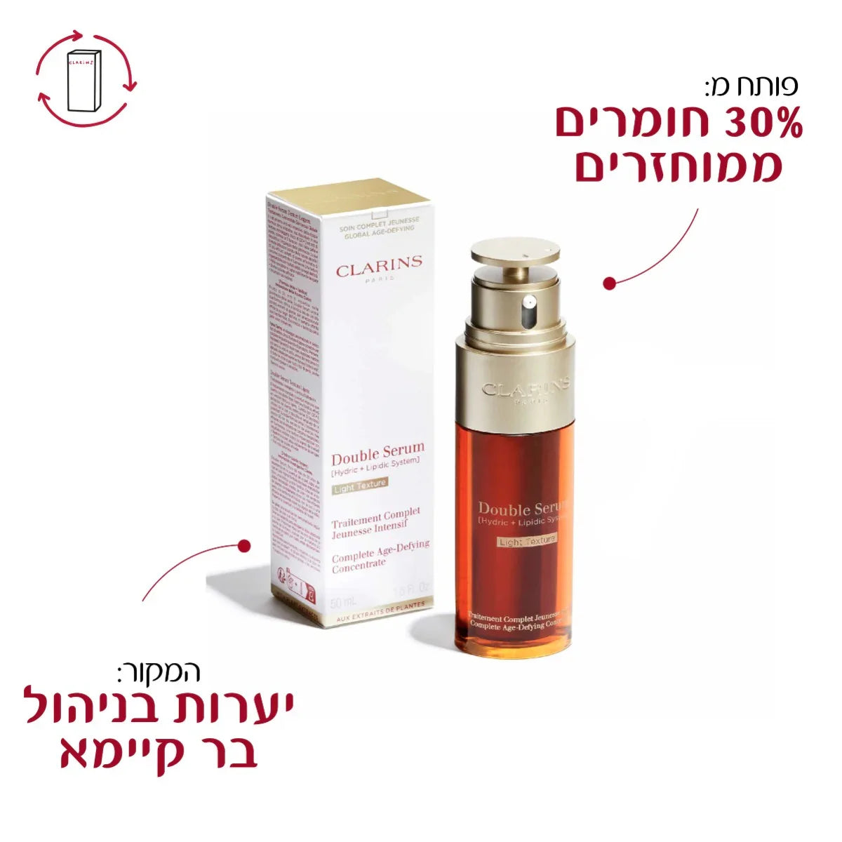 סרום דאבל של קלרינס על רקע לבן עם כיתוב מידע בעברית, מוצר טיפוח המוצע על ידי CHOZEN