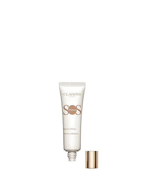 פריימר CLARINS SOS לבן עם פקק זהב, מוצר קוסמטי של מותג מוביל באתר CHOZEN