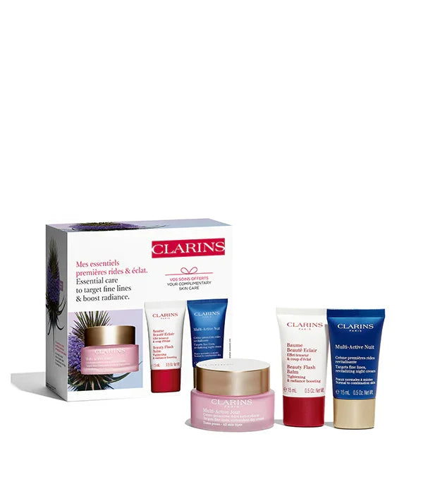 סט טיפוח עור Clarins מוצג כולל קופסה וארבעה מוצרים, מבית קבוצת אלפא CHOZEN