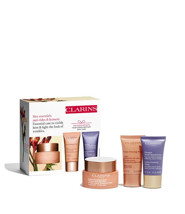 סט טיפוח Clarins לאנטי אייג'ינג, קופסה עם קרמים ומסכה, קוסמטיקה יוקרתית ב-CHOZEN