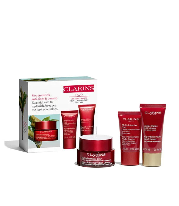 סט מוצרי טיפוח Clarins נגד קמטים, מוצג עם קופסה ומרכיבים, מותגים מובילים CHOZEN