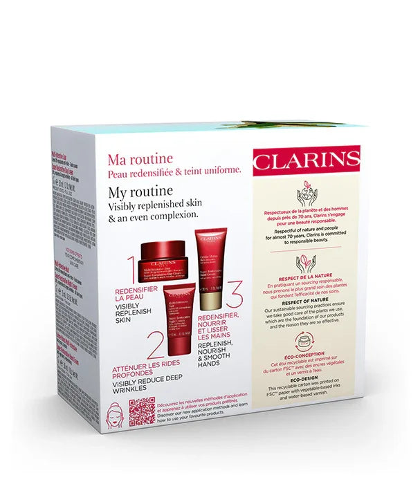 ערכת קוסמטיקה של קלרינס, שלושה מוצרים לעור ולידיים על גבי אריזה ממותגת, CHOZEN