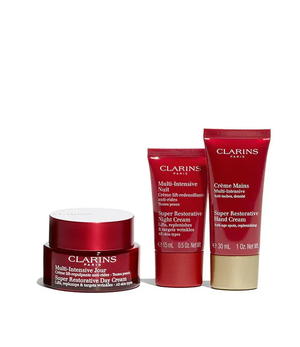 סט מוצרי טיפוח Clarins לעור הפנים והידיים, מוצג עם קרם יום, לילה וידיים, מבית CHOZEN