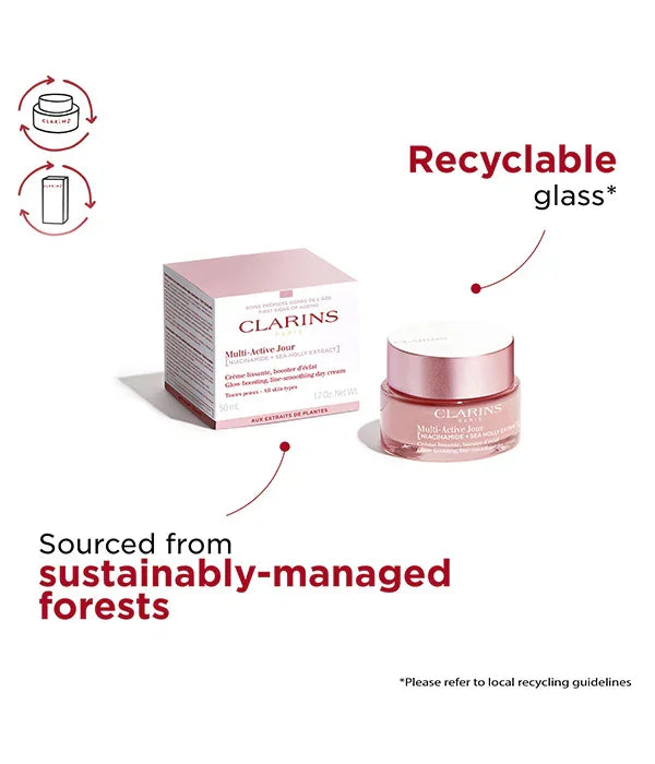קרם יום קלרינס Multi-Active עם אריזה יוקרתית, אריזת זכוכית ממוחזרת וידידותית לסביבה מבית CHOZEN
