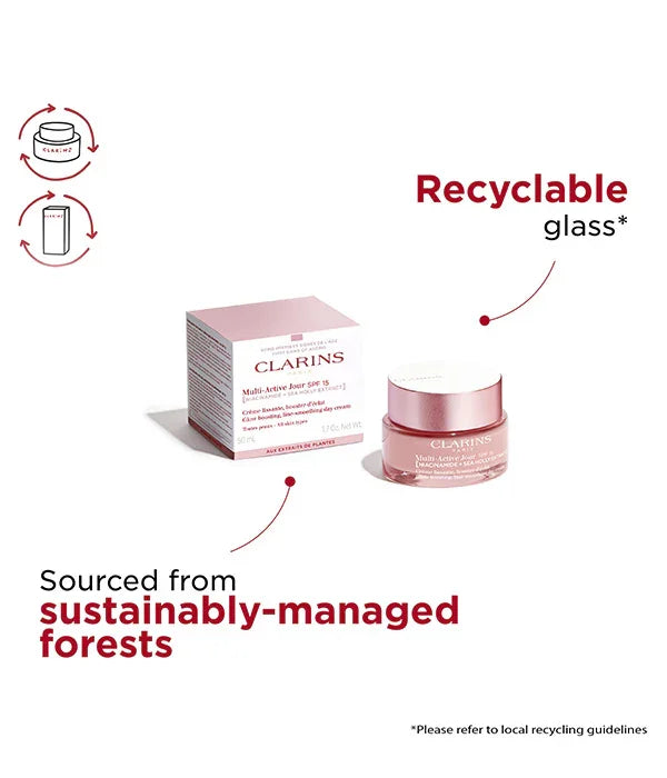 קרם יום קלרינס Multi-Active עם קופסה ממוחזרת ואריזת זכוכית ממוחזרת, מבית CHOZEN