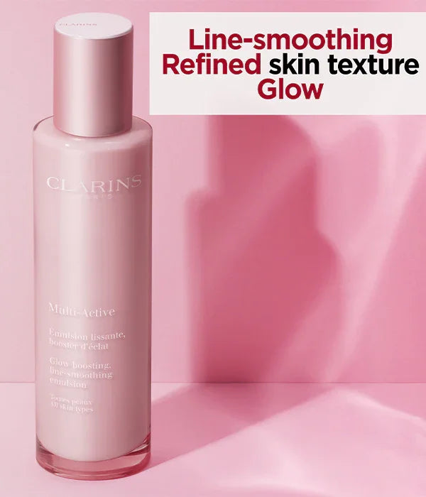 אמולסיה ורודה של קלרינס Multi-Active על רקע ורוד, מוצר טיפוח לעור חלק וזוהר, CHOZEN