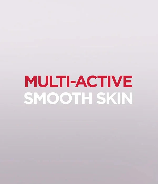 טקסט מעוצב על רקע בהיר: MULTI-ACTIVE SMOOTH SKIN, קמפיין טיפוח עור חלק CHOZEN