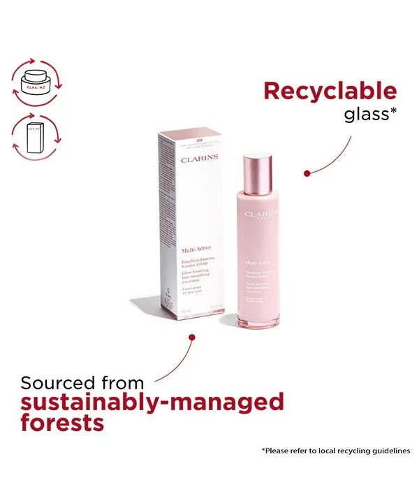 בקבוק ואריזת קרם CLARINS ורוד, מזכוכית ניתנת למיחזור, על רקע מידע אקולוגי, מבית CHOZEN