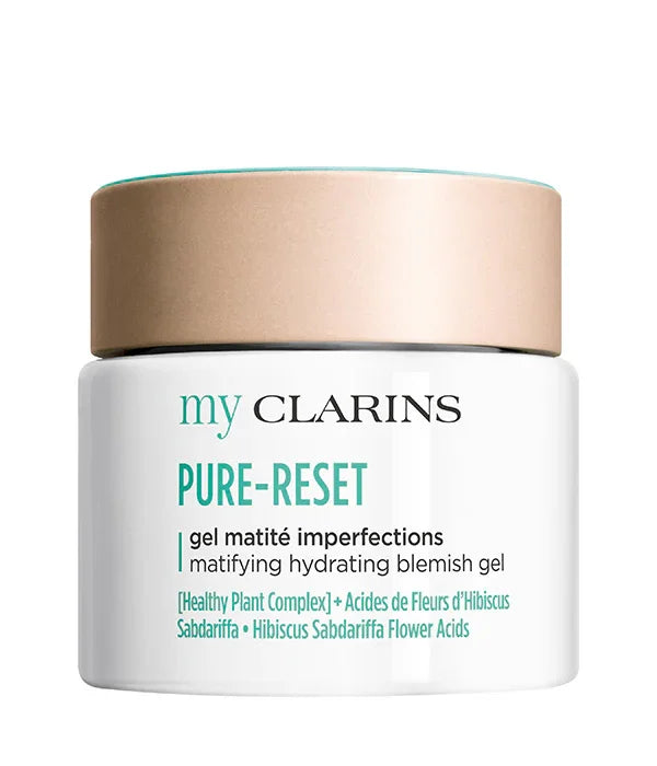 קרם ג'ל PURE-RESET של my CLARINS, מוצר טיפוח לעור לפנים, מוצג באריזה לבנה עם מכסה זהב