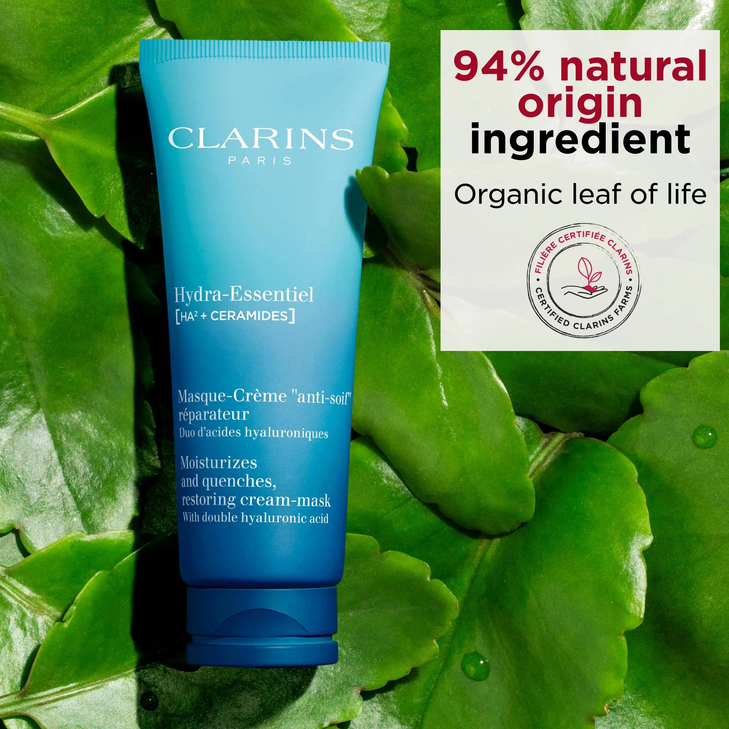 מסכת קרם לחות Clarins Hydra-Essentiel על רקע עלים ירוקים, רכיבים טבעיים, Chozen