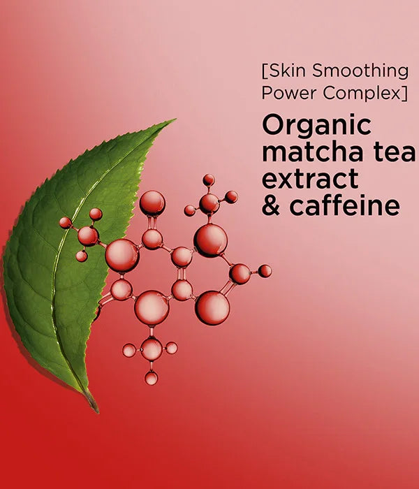 עלה ירוק ומבנה מולקולרי על רקע ורוד עם טקסט על תמצית תה מאצ'ה אורגני וקפאין, CHOZEN