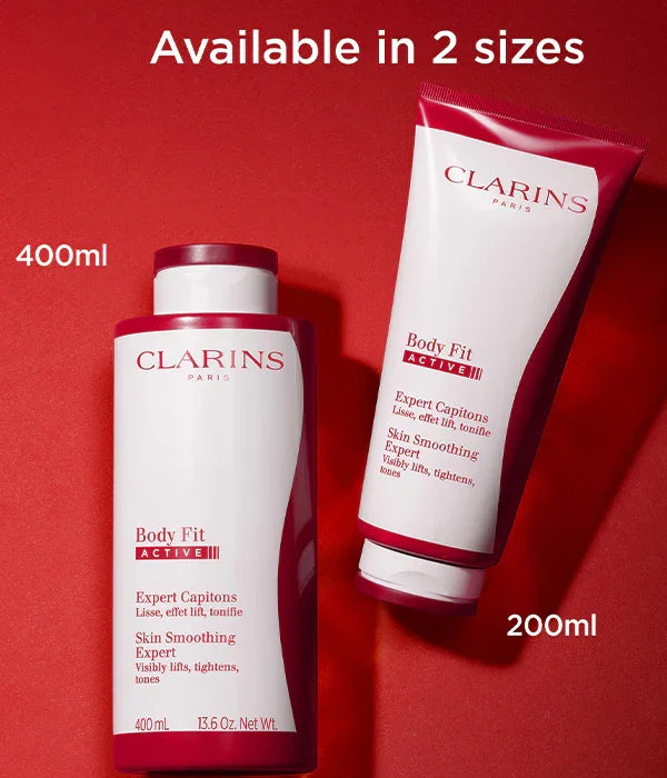 קרם גוף Clarins Body Fit Active בשני גדלים, 400 מ"ל ו-200 מ"ל, רקע אדום, מותג בינלאומי CHOZEN