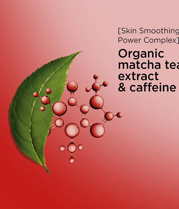 עלה תה ירוק ומבנה מולקולרי על רקע אדום, טקסט: תמצית תה מאצ'ה אורגני וקפאין
