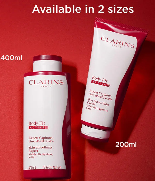 קרם גוף Clarins Body Fit Active בשני גדלים, מוצג על רקע אדום, מותג מוביל ב-CHOZEN