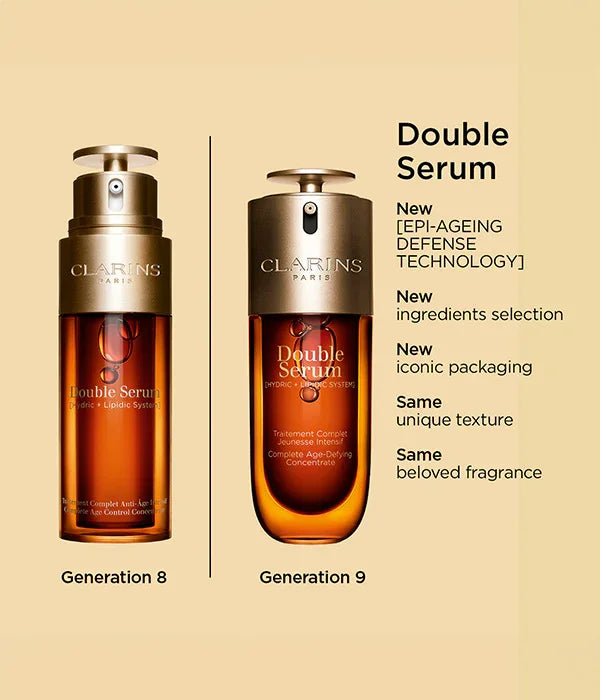 השוואה בין סרום Double Serum של קלרינס, דור 8 ודור 9, מוצג בבקבוקים חדשניים במיתוג CHOZEN