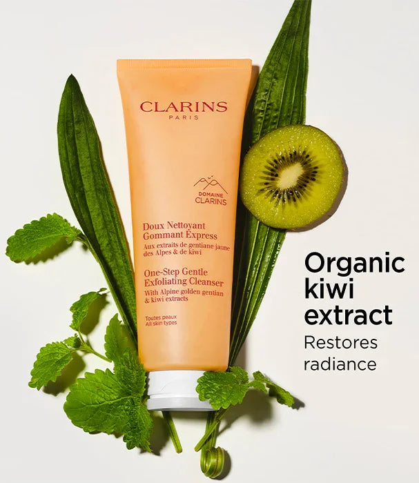 מסכת ניקוי פילינג עדין של קלרינס עם תמצית קיווי אורגני, מוקפת בעלים ופלח קיווי, קוסמטיקה יוקרתית CHOZEN