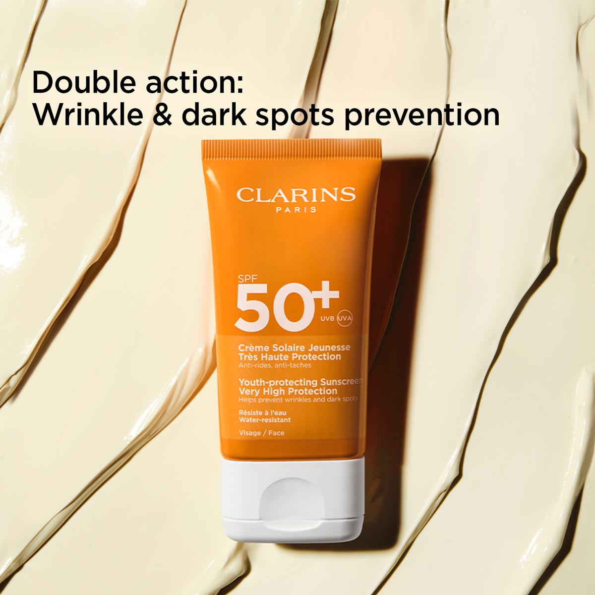 קרם הגנה Clarins SPF 50+ לפנים, להגנה גבוהה מהשמש ומניעת קמטים וכתמים