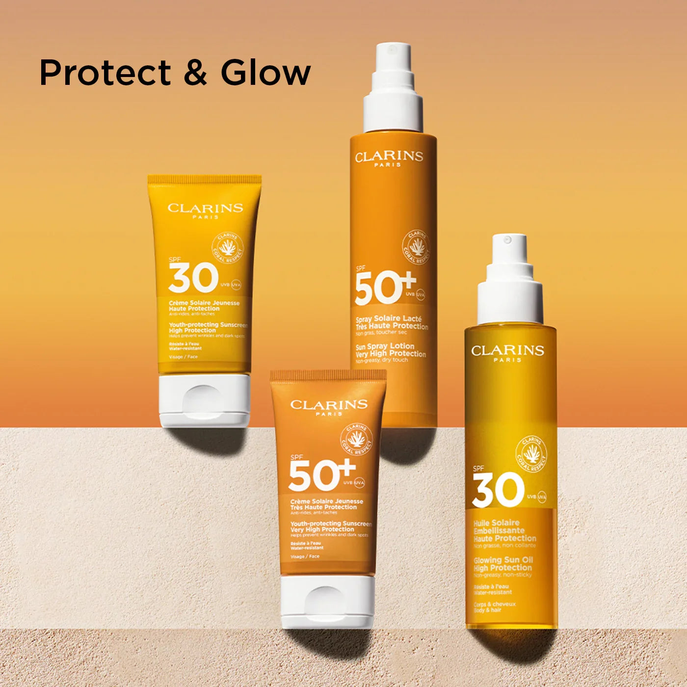 מבחר מוצרי הגנה מהשמש של קלרינס עם SPF30 ו-SPF50+, רקע כתום, קבוצת אלפא