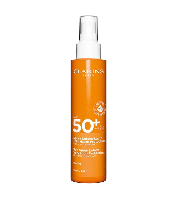 תרסיס הגנה Clarins SPF 50+ מבית המותגים הבינלאומיים, בקבוק כתום מוגן שמש