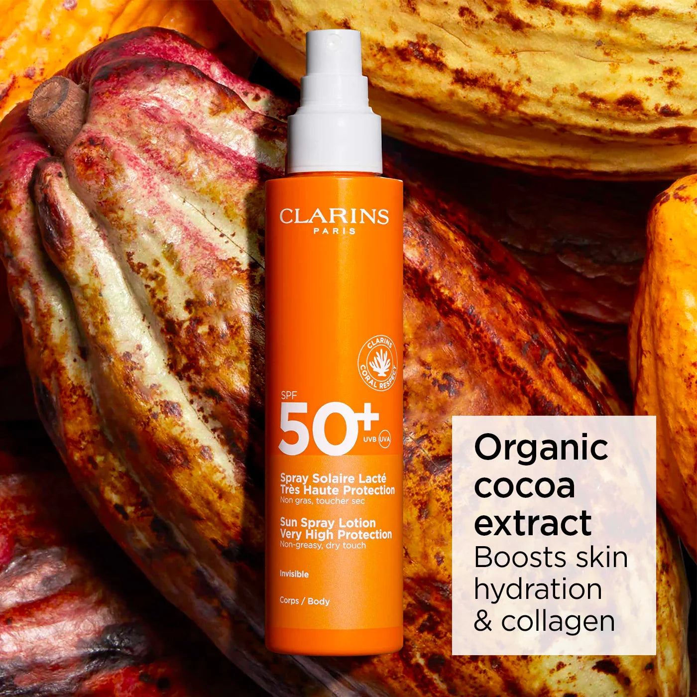 ספריי שיזוף וקרם הגנה קלרינס SPF 50+ עם תמצית קקאו אורגני, רקע פולי קקאו, מוצרי יופי CHOZEN