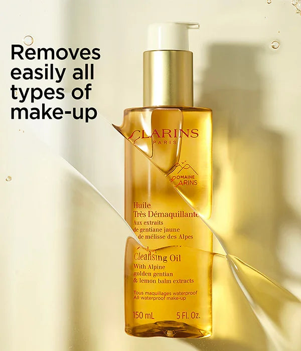 שמן ניקוי לפנים של Clarins עם ג'נטיאן זהוב, מסיר איפור עמיד, מוצג עם טקסט באנגלית