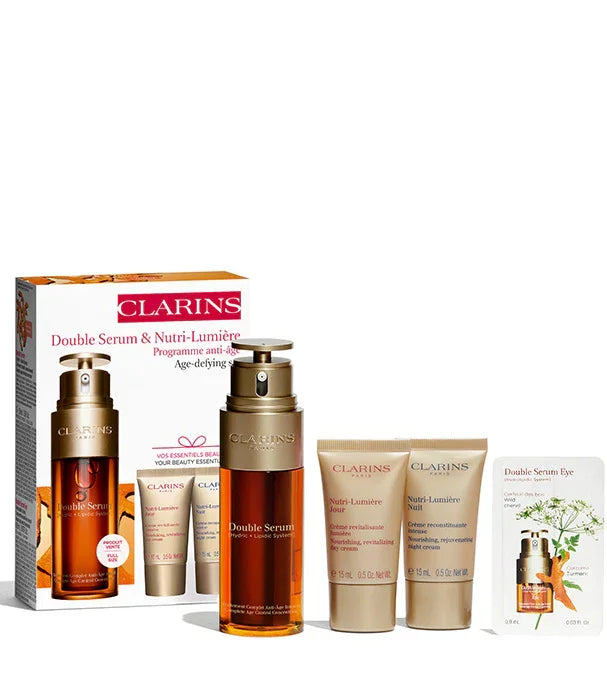 סט סרום פנים קלרינס Double Serum & Nutri-Lumière מארז טיפוח יוקרתי, מוצג עם אריזת המותג CHOZEN
