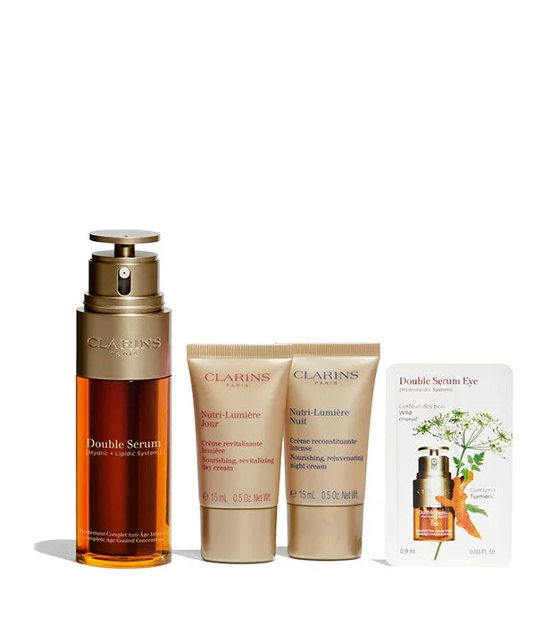 מארז סרום קרמס קלרינס, כולל סרום כפול, קרם יום וקרם לילה, ממותגי יוקרה ב-CHOZEN