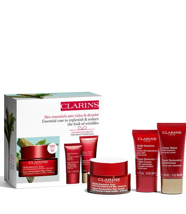 סט מוצרי טיפוח Clarins אנטי אייג'ינג, קרם לחות, קרם ידיים, מוצג על רקע לבן, ב-CHOZEN