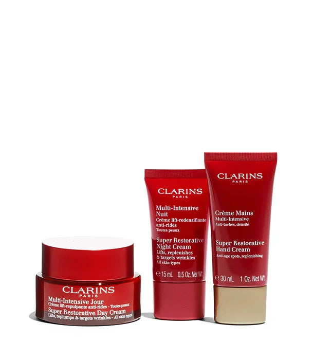 סט קרמים קלרינס כולל קרם יום, קרם לילה וקרם ידיים, מוצרי טיפוח יוקרתיים ב-CHOZEN