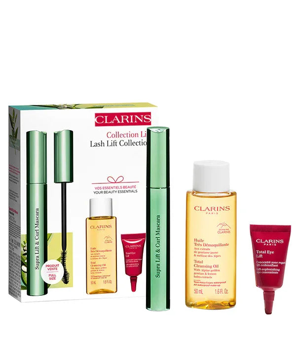 ערכת איפור Clarins מסקרה, שמן ניקוי וקרם עיניים מוצגת על רקע לבן, מבית CHOZEN