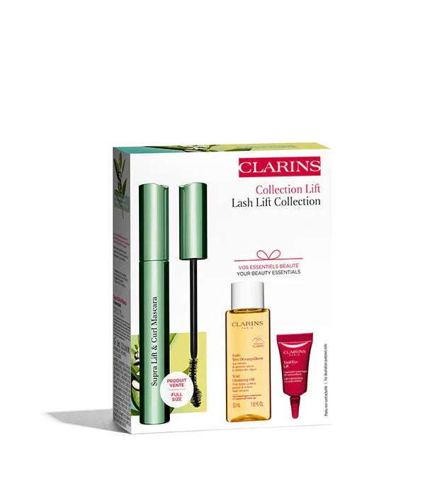 סט איפור Clarins Collection Lift מסכה ומוצרים לטיפוח ריסים, חבילה מצולמת על רקע לבן