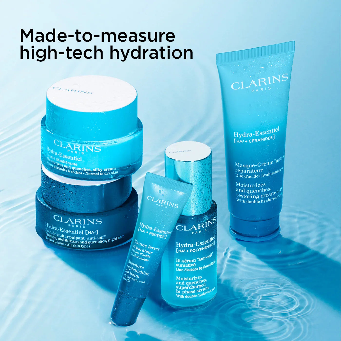 מוצרי טיפוח Clarins Hydra-Essentiel על רקע מים כחול, לחות מתקדמת, מבית CHOZEN